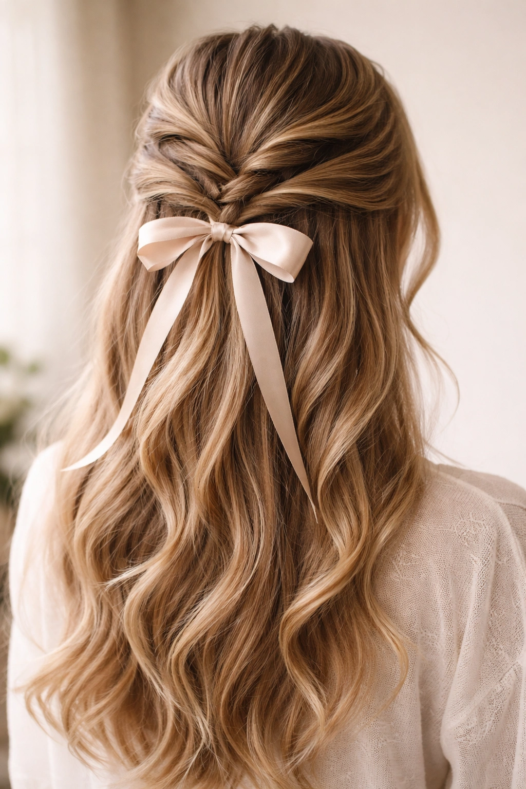 Front view of half-up with three twisted sections and ribbon bow