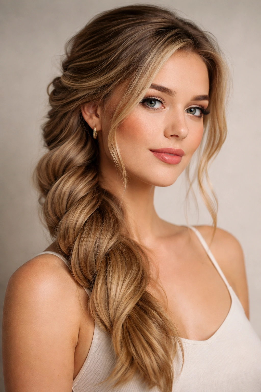 Close-up of a voluminous twisted side braid forming a secure side ponytail