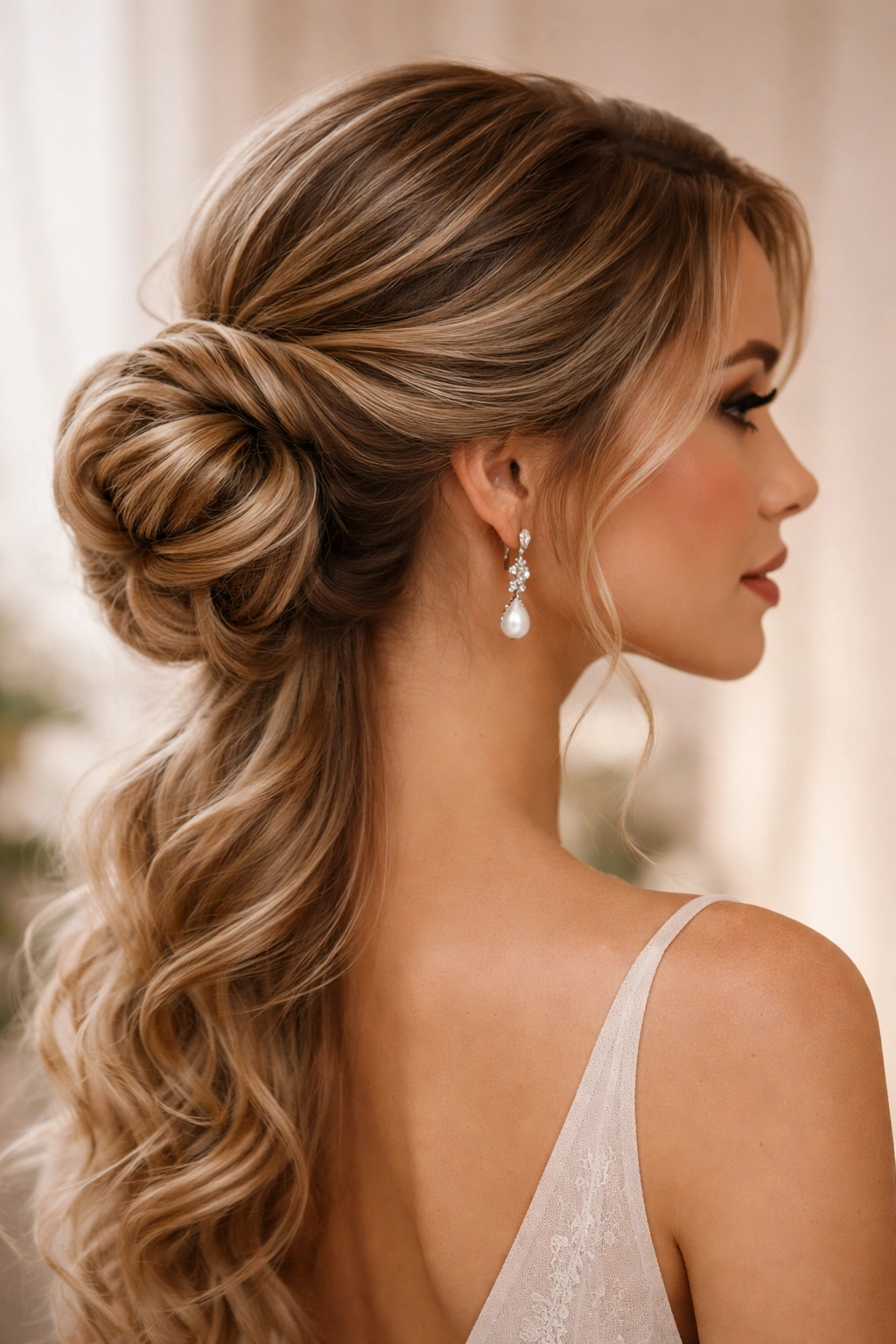 Side view of a twisted side bun showcasing asymmetrical elegance