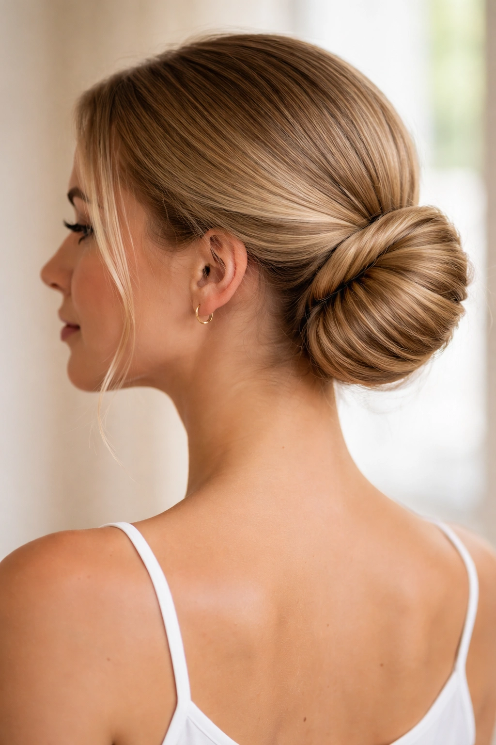 Profile view of a twisted side bun at the ear with straight hair