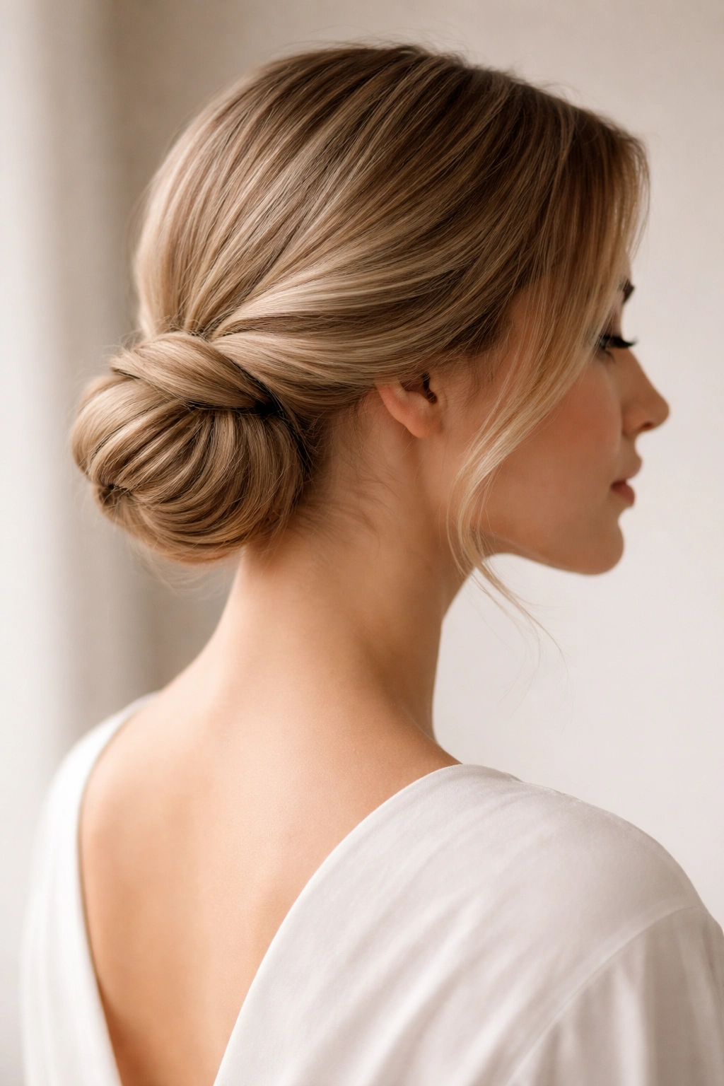 Twisted side chignon with textured knot at the nape