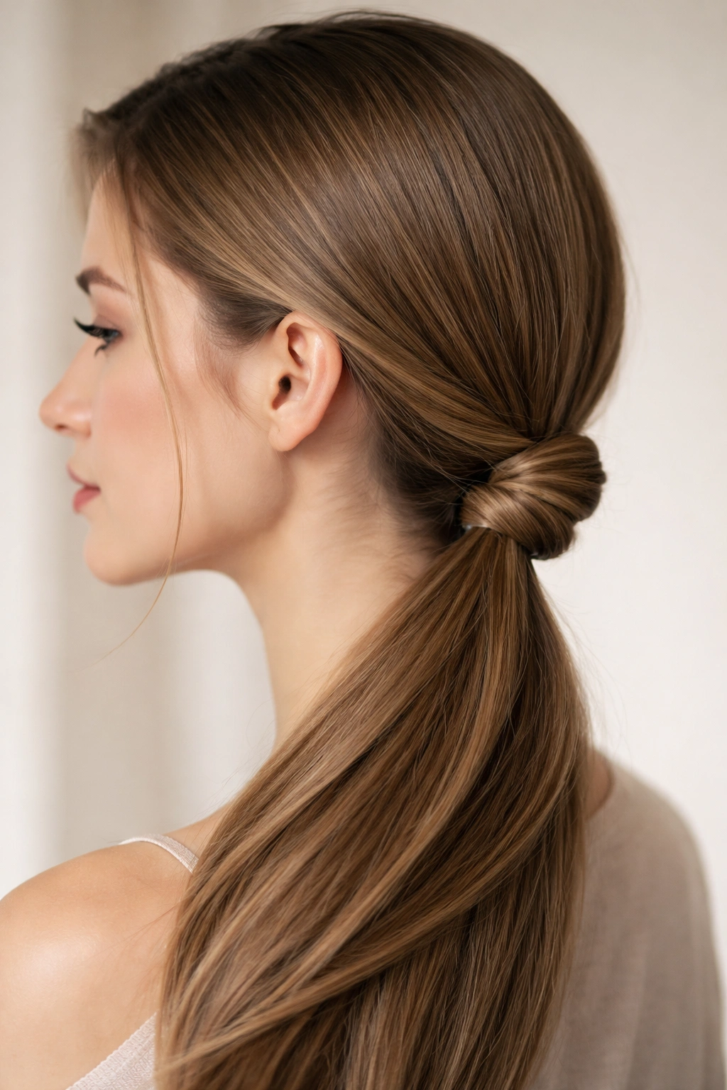 Side view of twisted side knot in straight hair