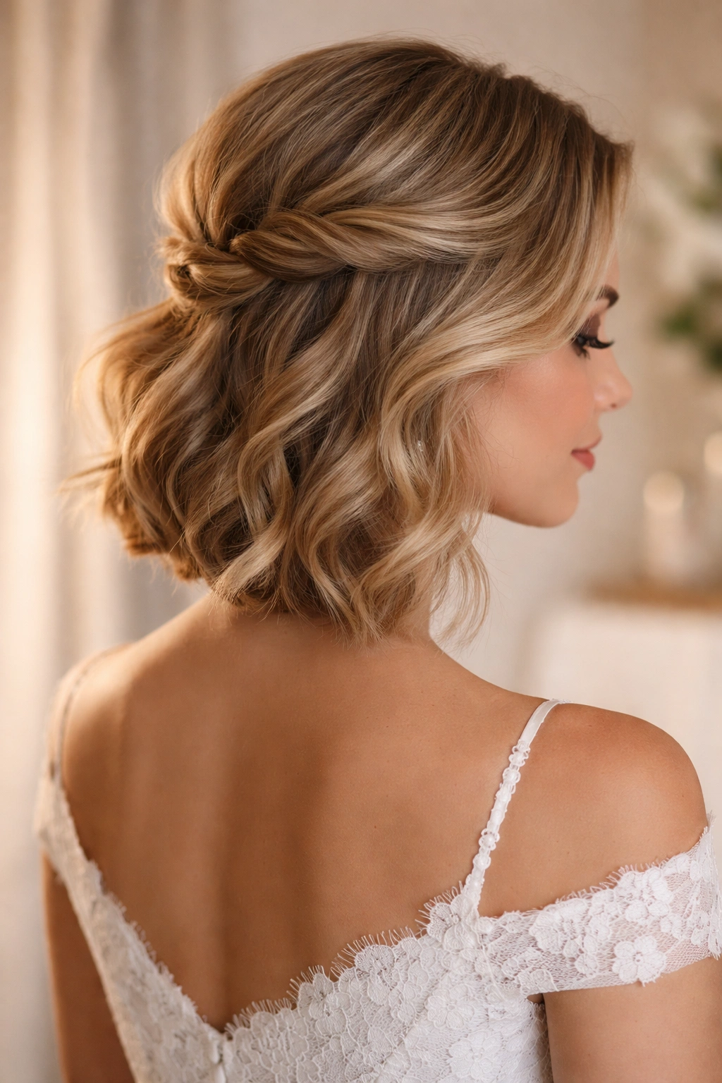 Bridesmaid with twisted side knot and cascading waves from one side