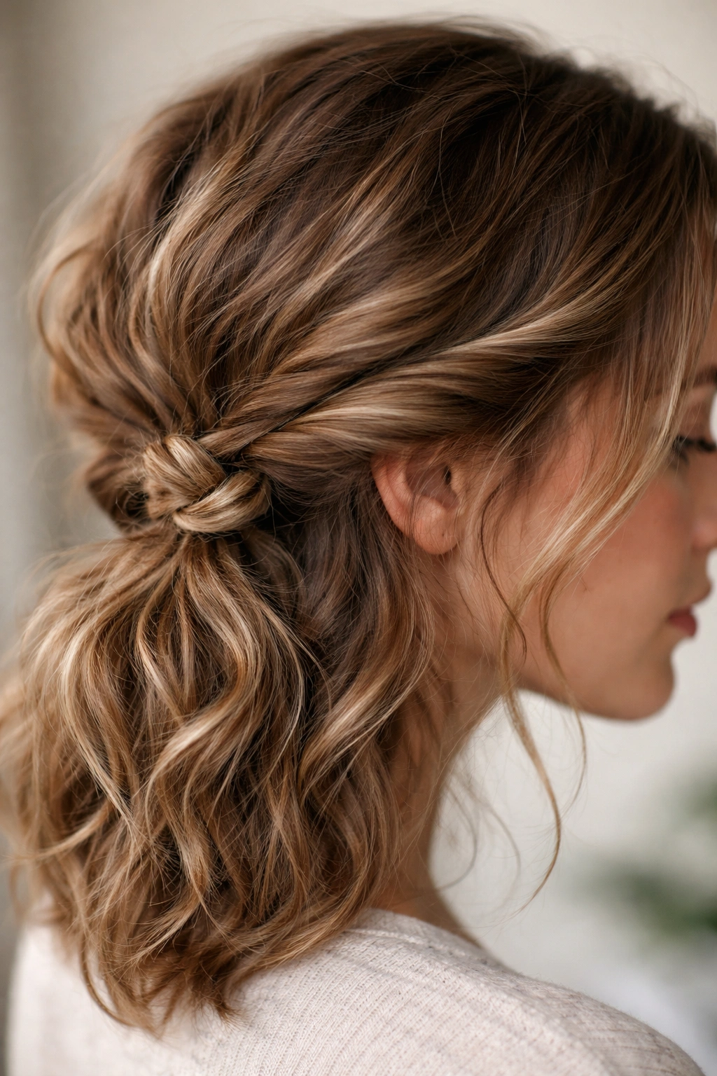 Close-up of a wavy hairstyle featuring a loose side knot behind the ear
