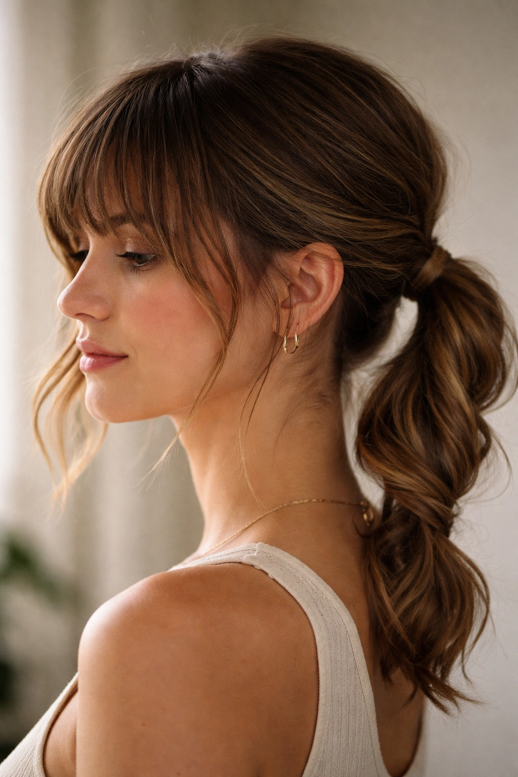 Side view of hair in a twisted side pony with bangs