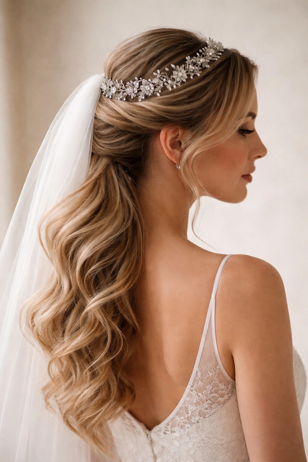 Twisted side ponytail with delicate headpiece veil in studio