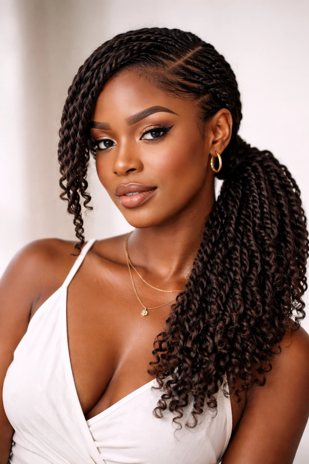 Portrait of a Black woman with two-strand twists forming a side ponytail