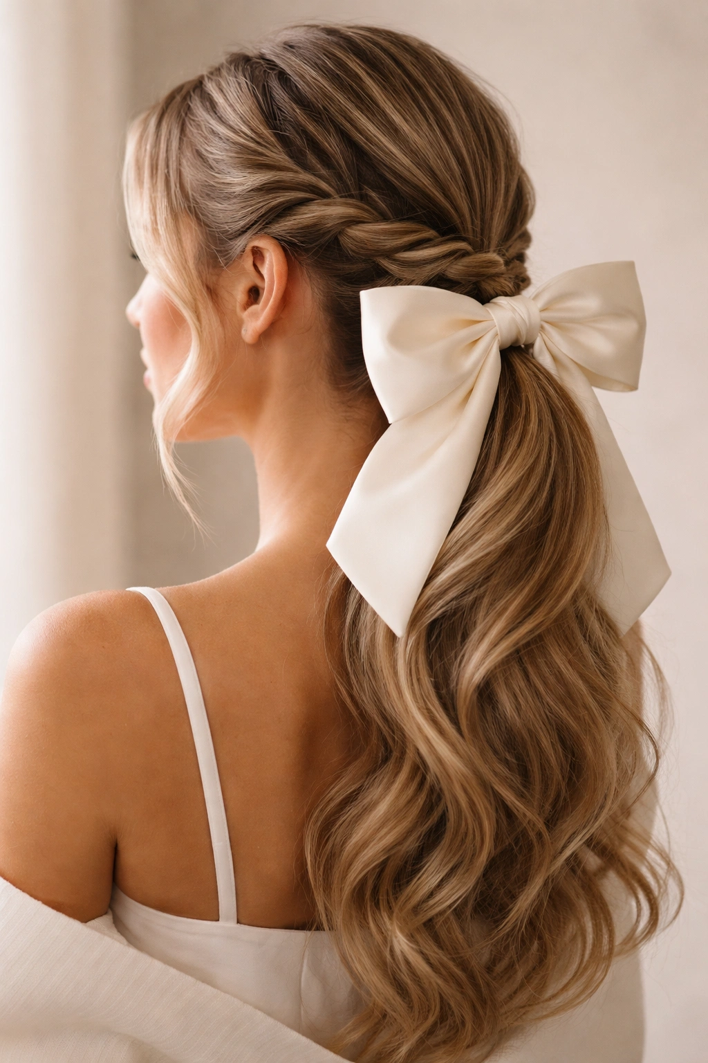 Twisted Side Braid Ponytail With Oversized Bow showing side ponytail and large bow