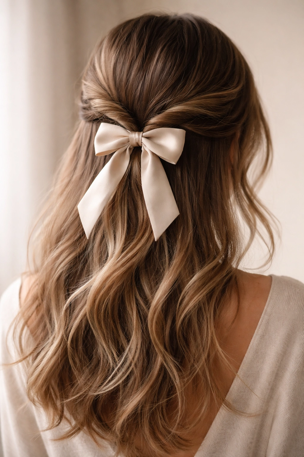 Close-up of twisted side sections half-up bow hairstyle