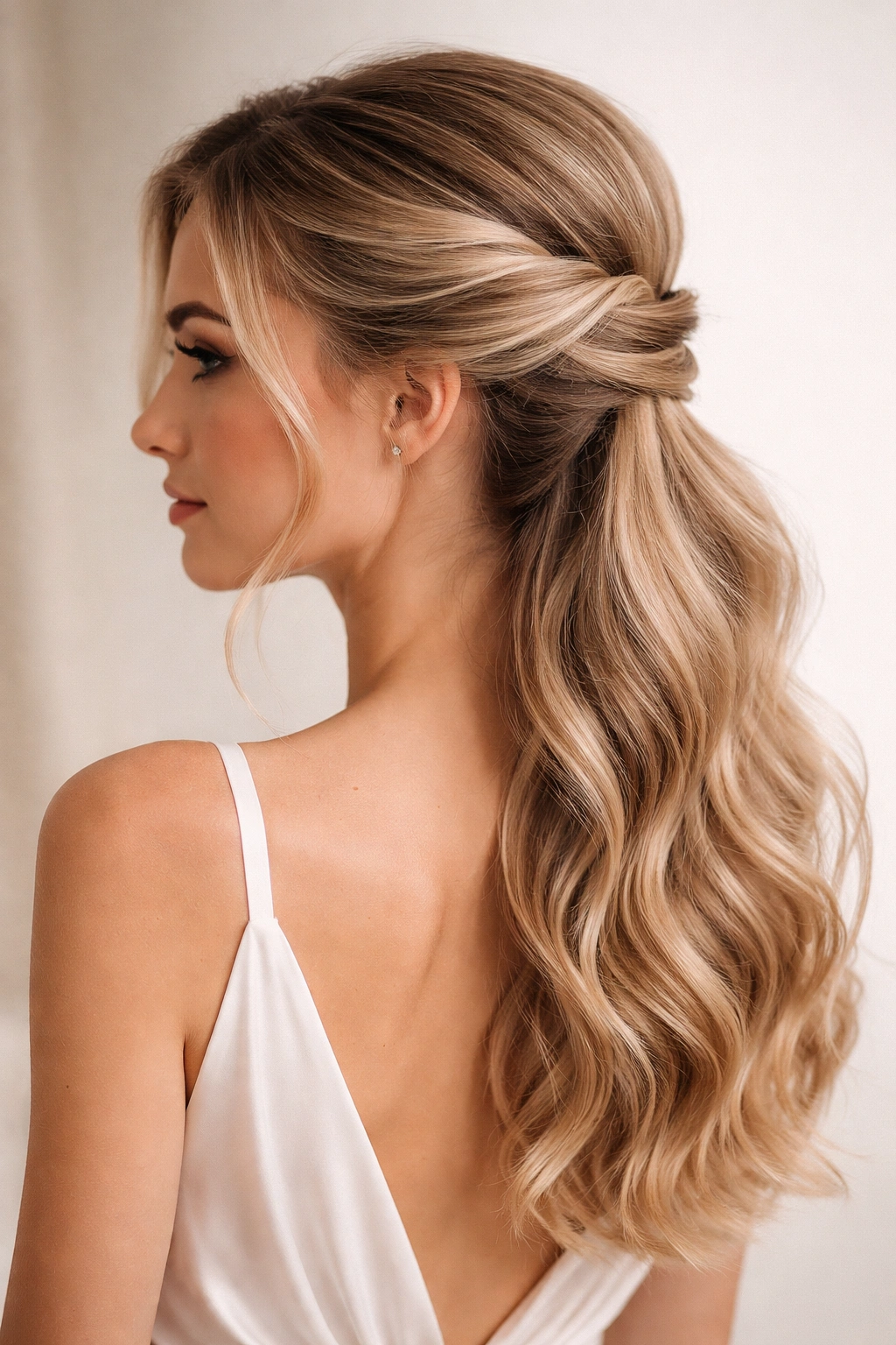 Bridesmaid hairstyle with deep side part and twin twists into a low ponytail