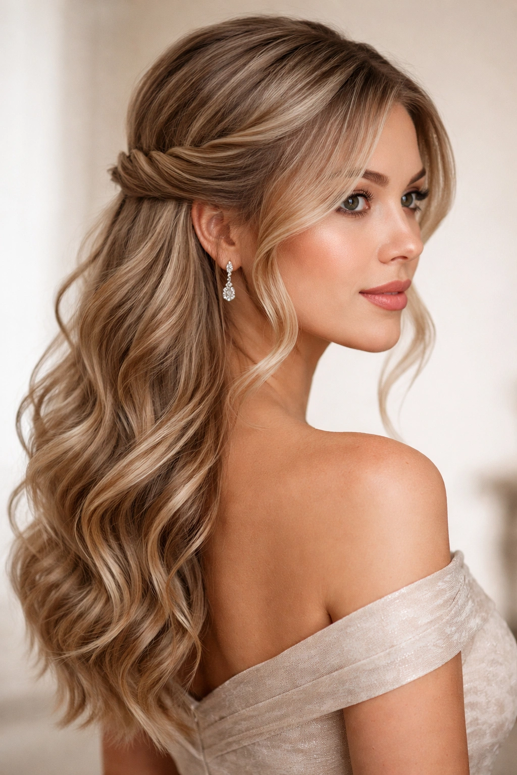 Twisted side sweep hairstyle with a back twist and loose curled side