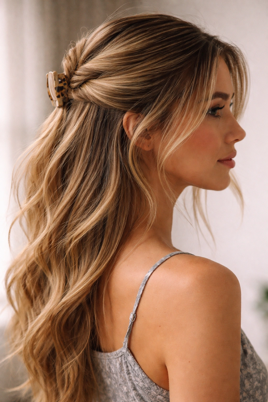 Twisted side-sweep half-up with off-center clip and wisps of hair