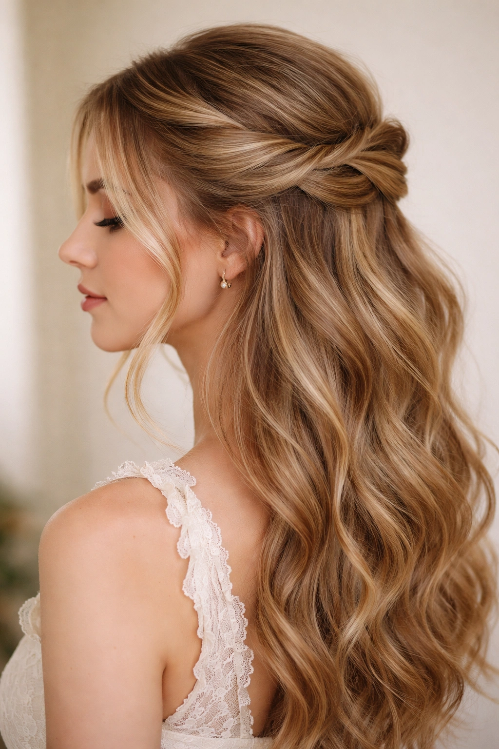 Profile view of twisted side sweep half up hairstyle