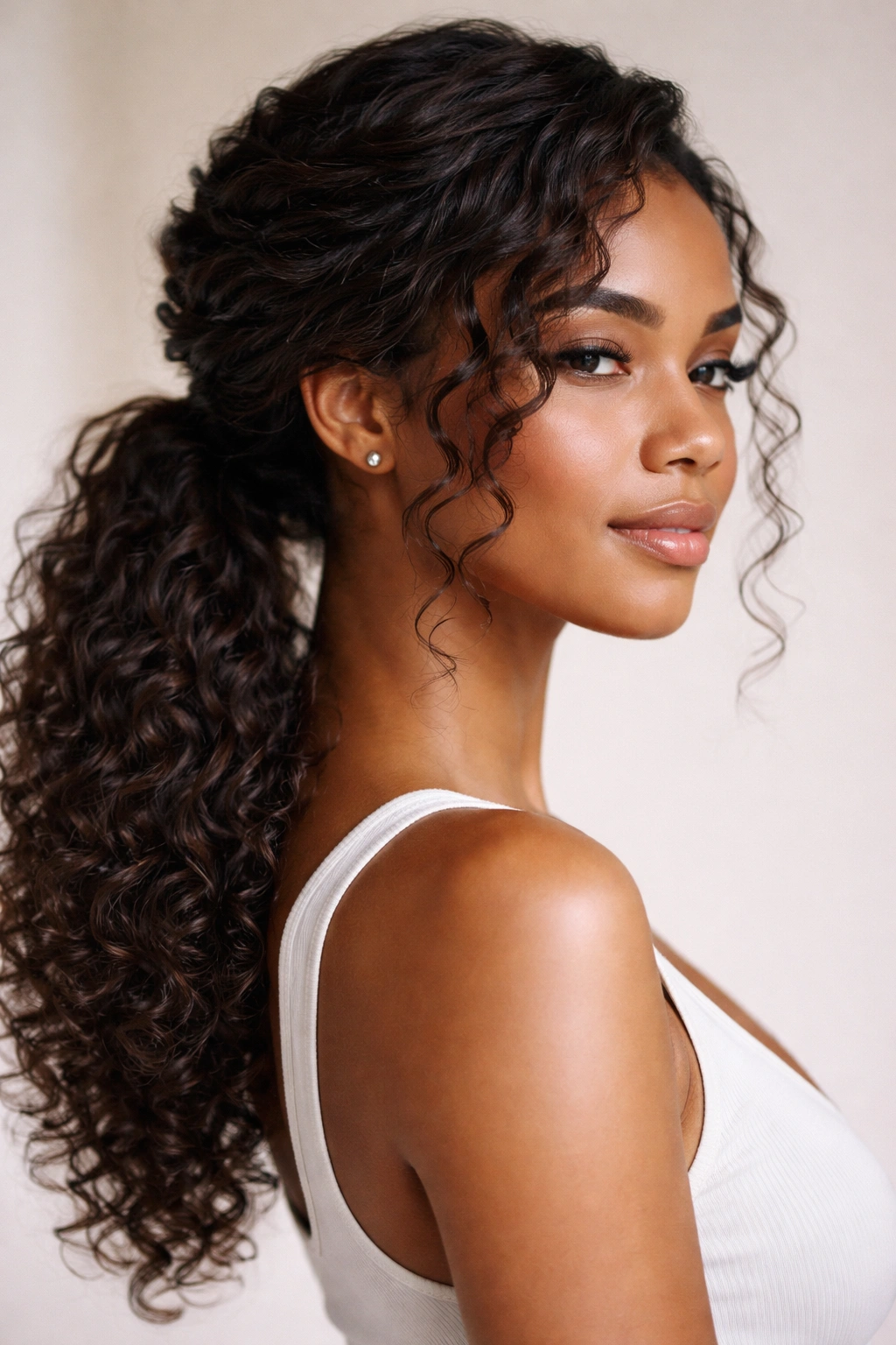 Side-swept twisted ponytail creating an asymmetric face frame.