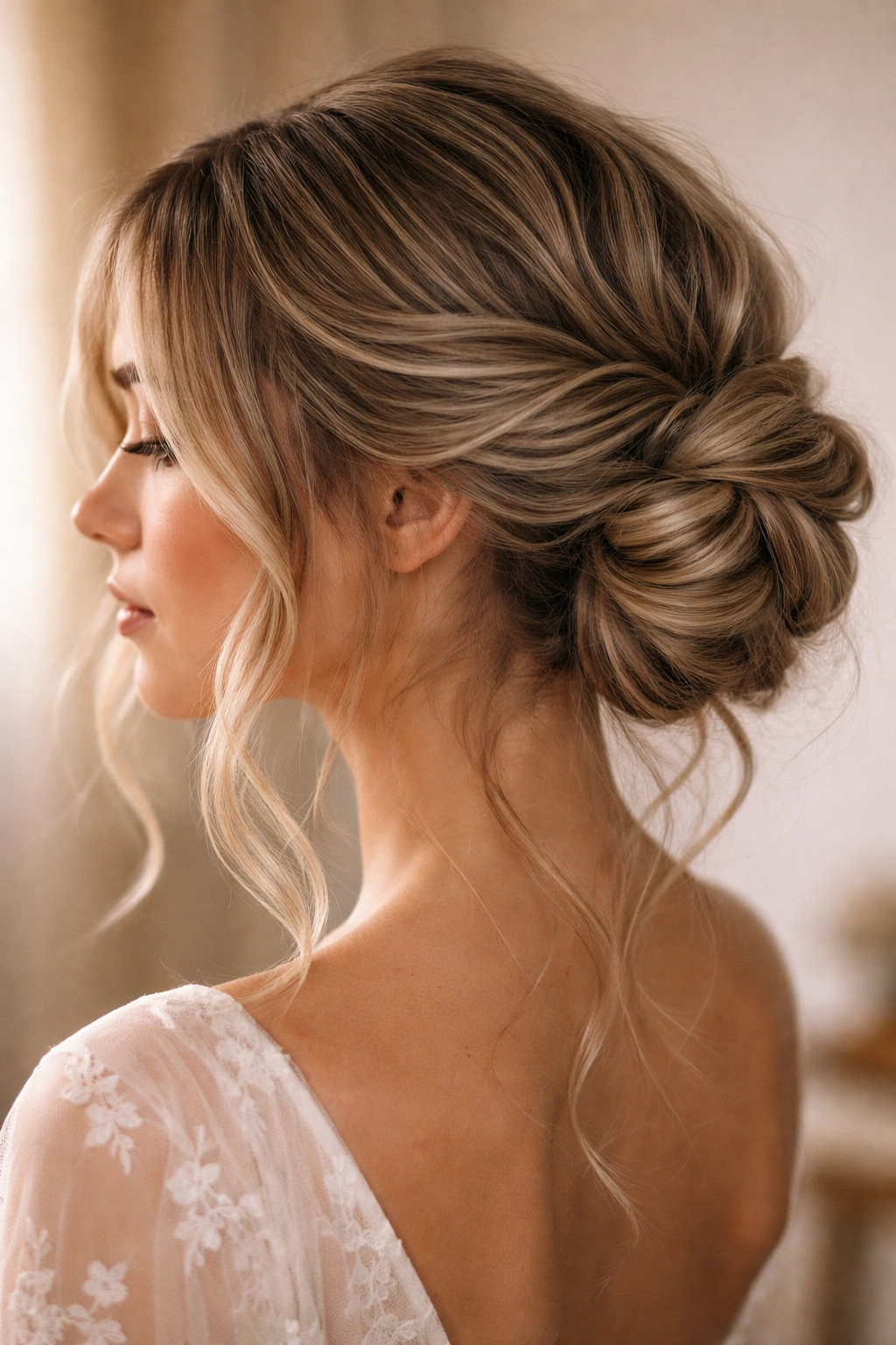 Side view of twisted side updo with loose face-framing strands