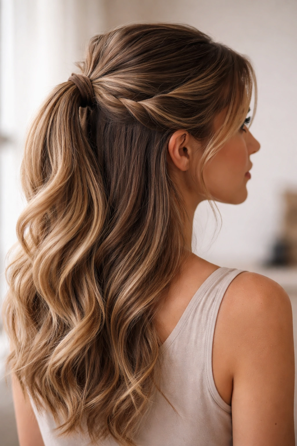 Half ponytail with twisted sides, soft face-framing twists.