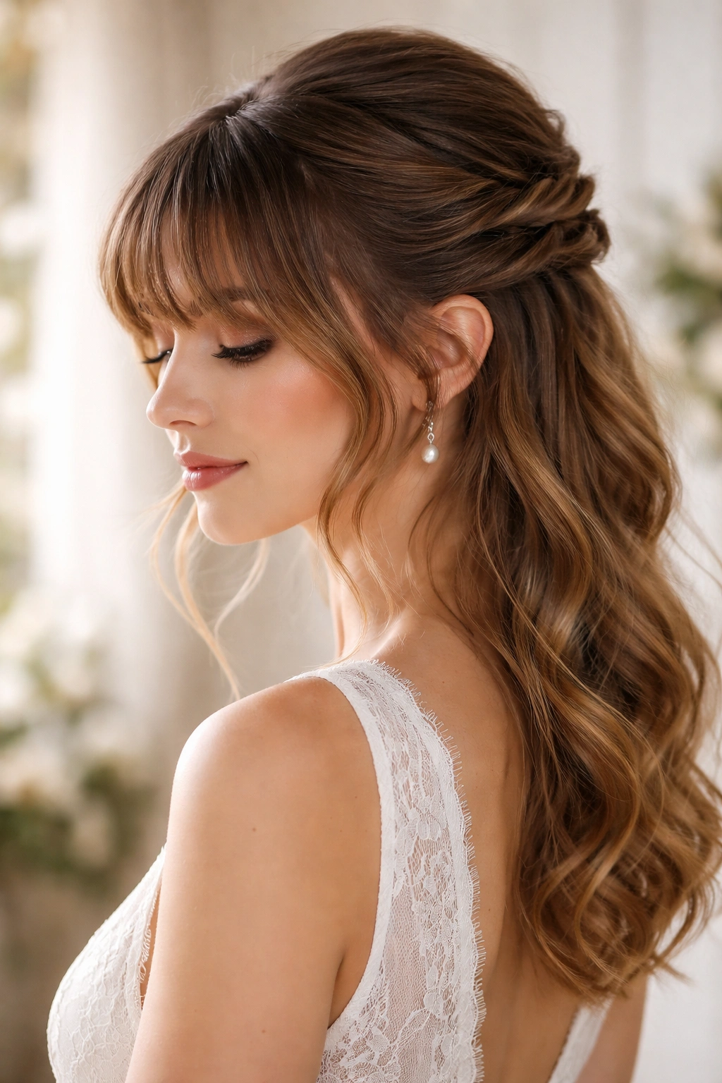 Side view of a bridal hairstyle with twisted sides and choppy bangs