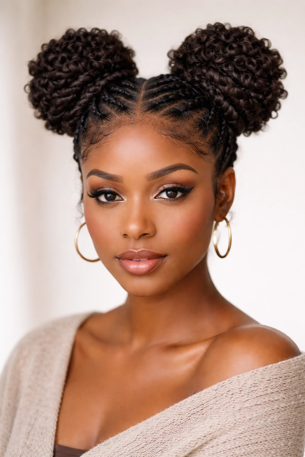 Two-strand rope twists forming space buns on coily hair