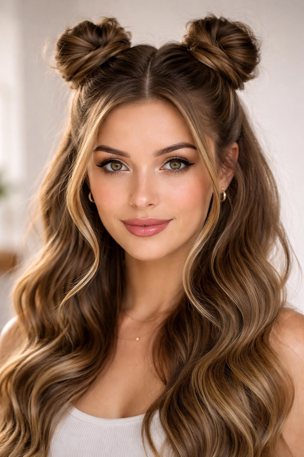 Close-up of twisted half-up space buns with spiral twists