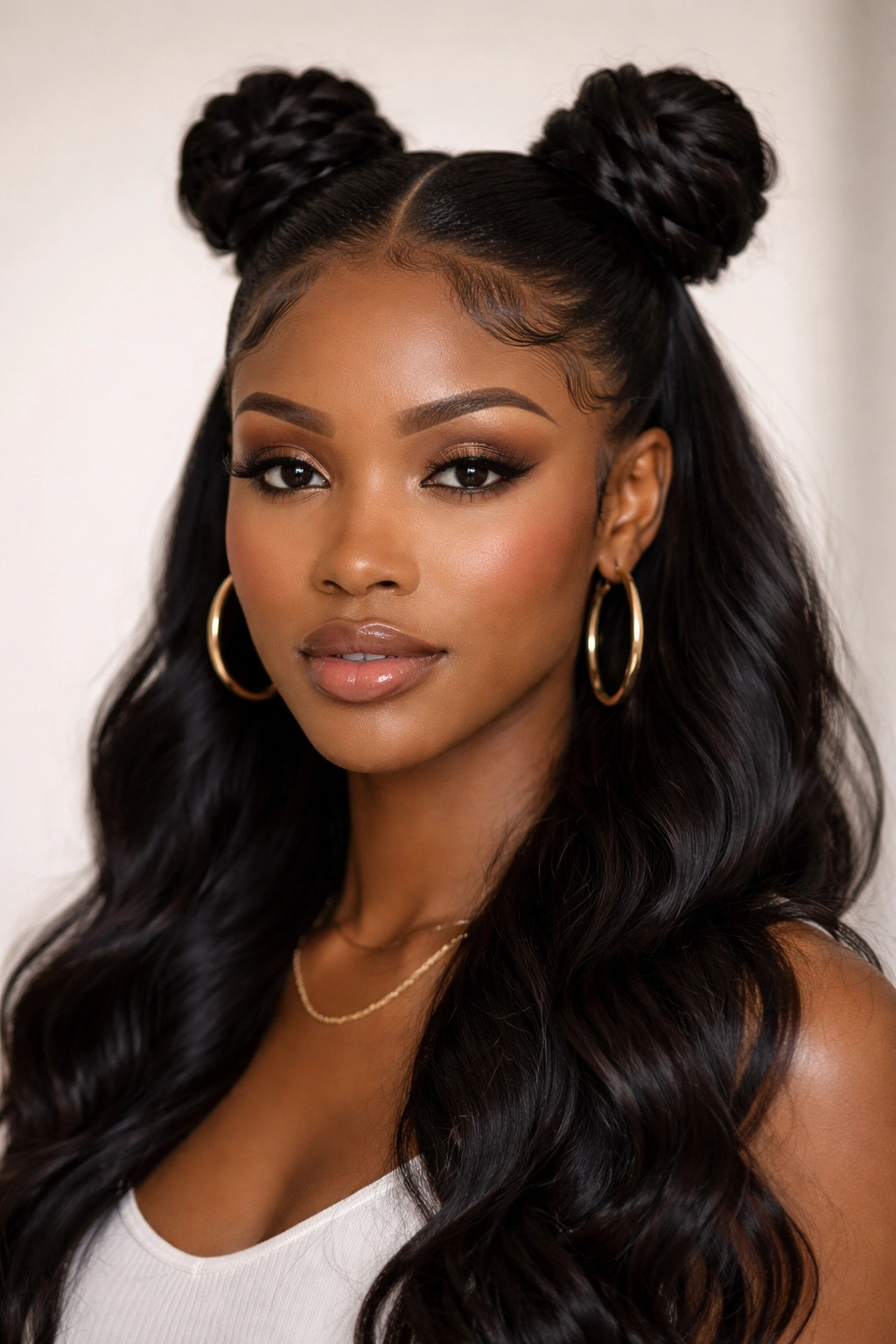 Close-up of sleek twisted space buns with laid edges on a Black woman's hairline