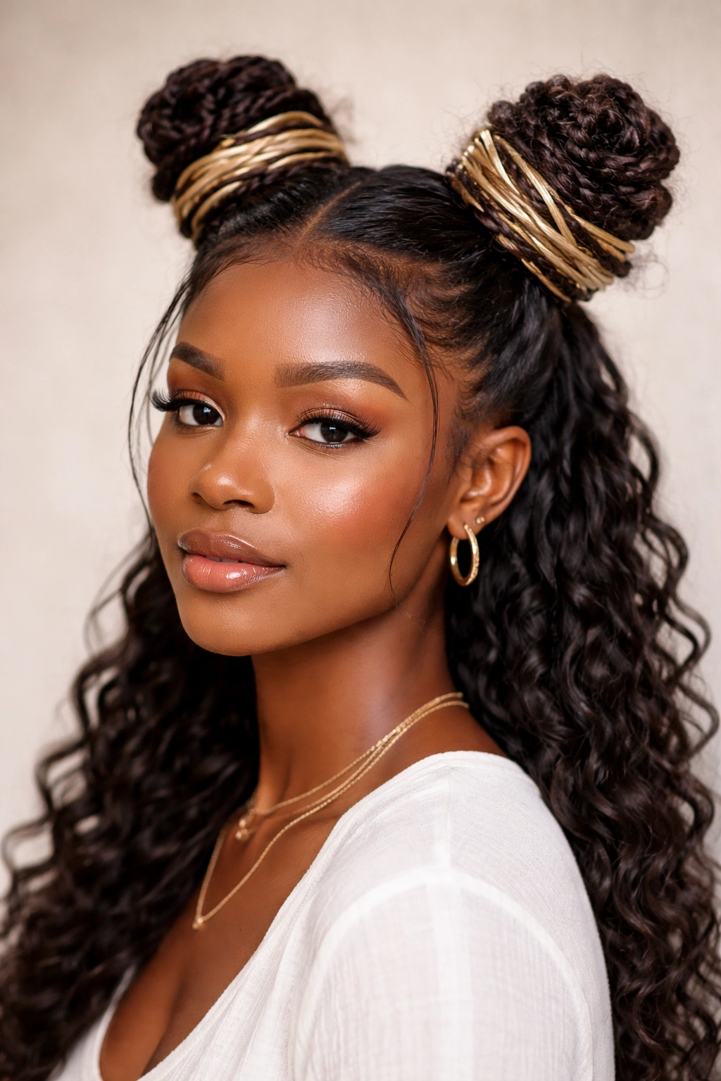 Twisted space buns with wrap details and contrasting wrap textures