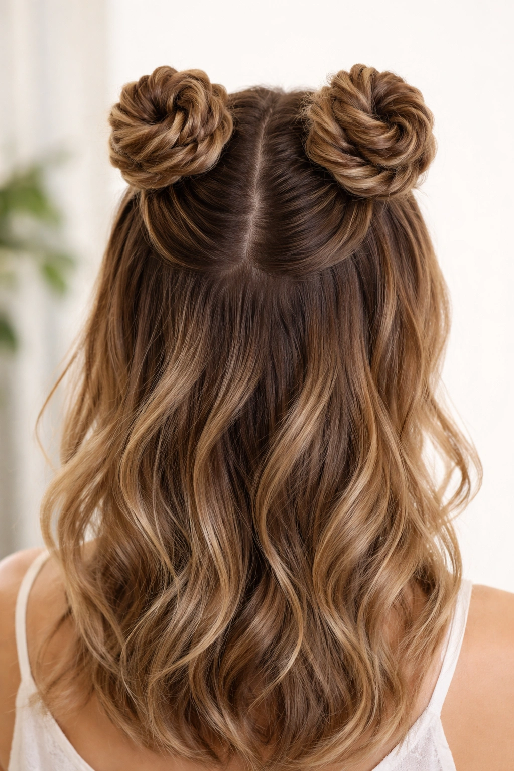 Close-up of twisted wrap space buns with spiral texture on a neutral backdrop