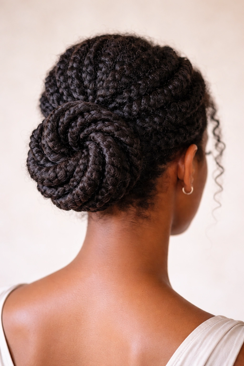 Twisted spiral bun at nape showing architectural curl patterns