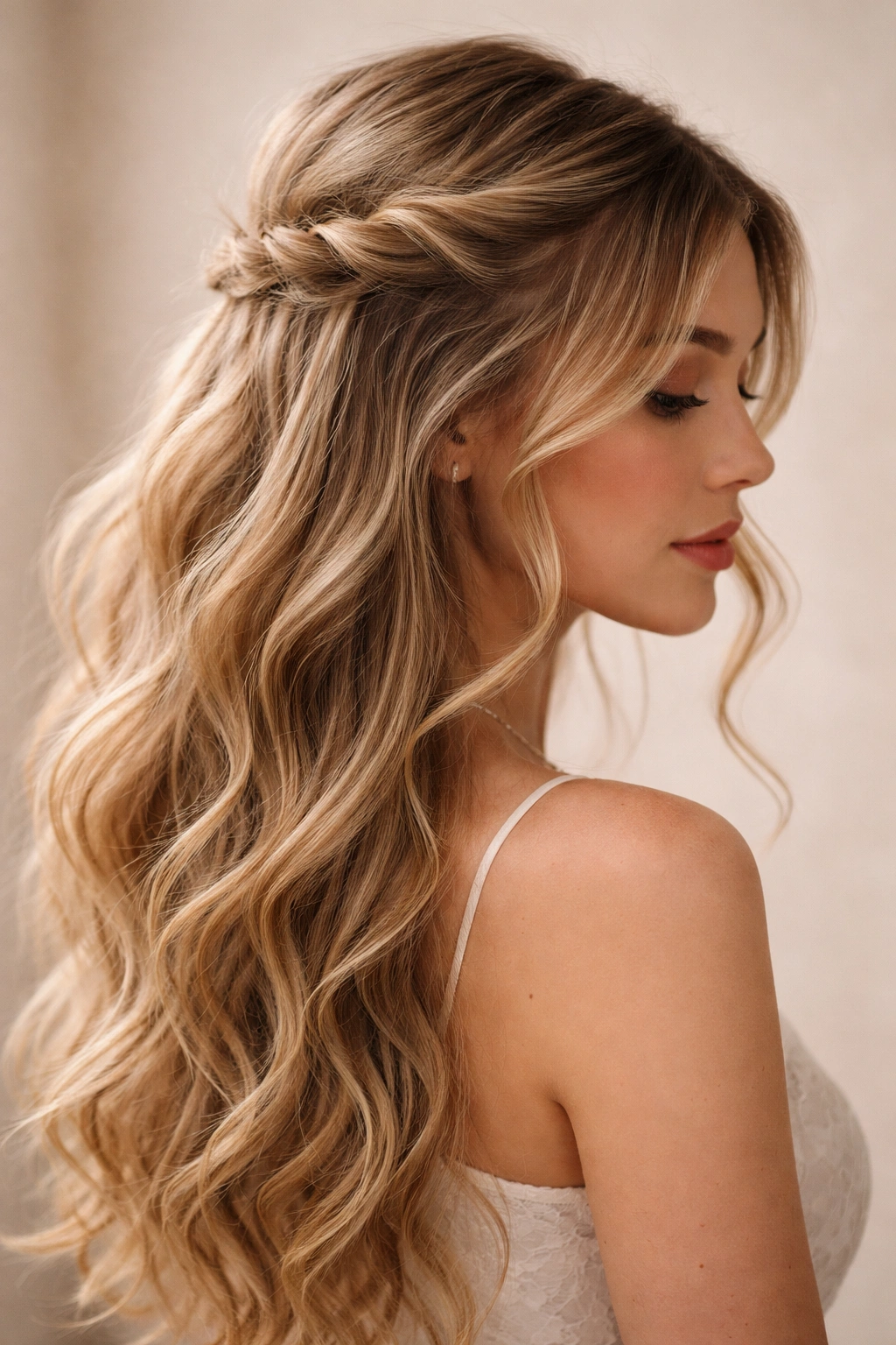 Close-up of a loose twist with tendrils framing the face in a half-up hairstyle