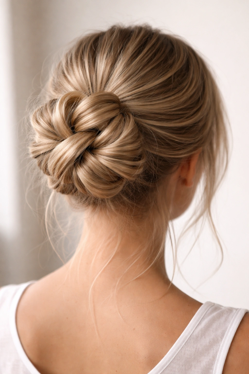 Back view of a bun with four twisted strands creating texture
