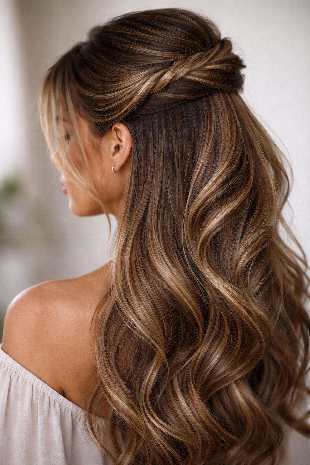 Close-up of twisted swoop half-up hairstyle showing rope-like twist and crown placement