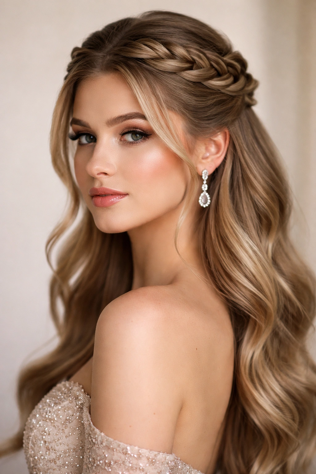 Elegant twisted tiara crown hairstyle with flowing bottom hair