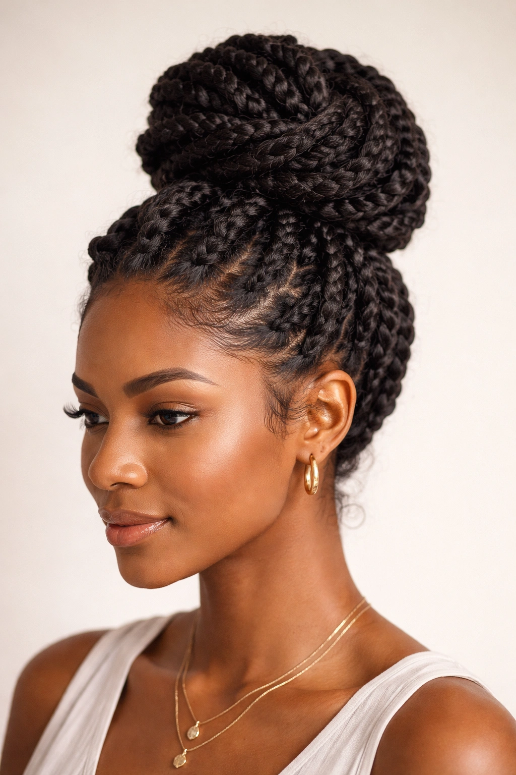 Close-up of a coily hairstyle featuring a twisted topknot updo with two-strand twists