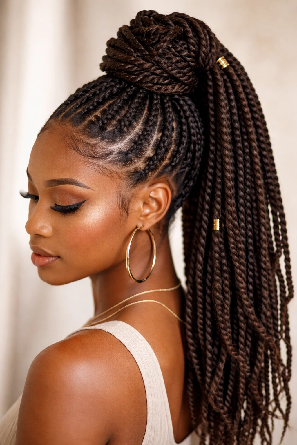 Twisted topknot ponytail with faux locs showing chunky texture