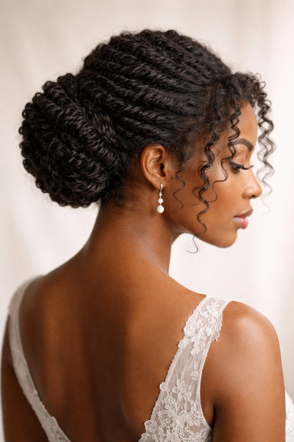 Close-up of twisted updo with face-framing curls on coily hair, center-back bun