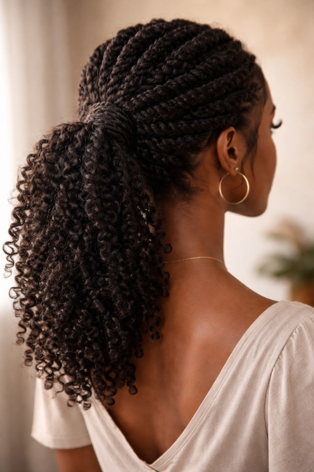 Twisted updo ponytail with multiple twists transitioning into ponytail.