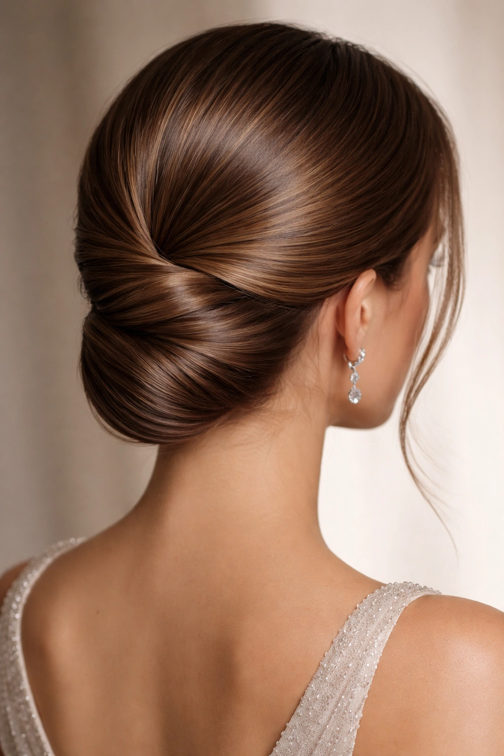 Straight hair styled into a twisted two-section updo at the nape