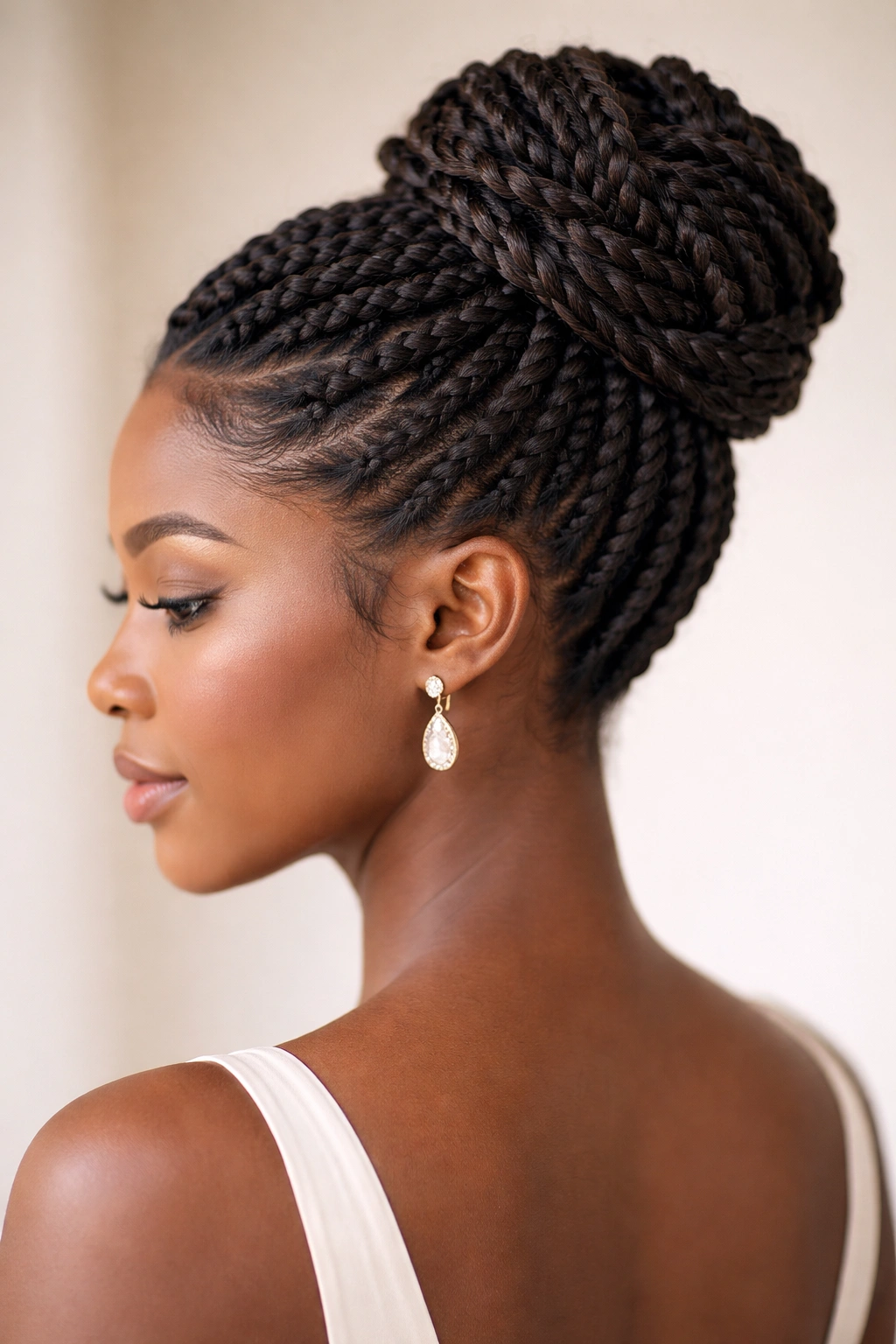 Updo built from two-strand twists with a high crown bun
