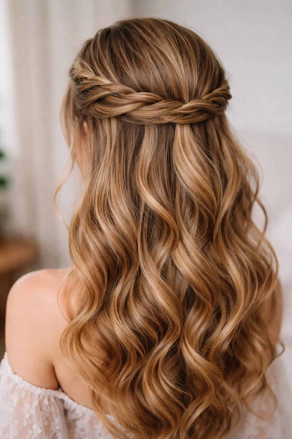 Crown-like twisted wrap-around half-up hairstyle.