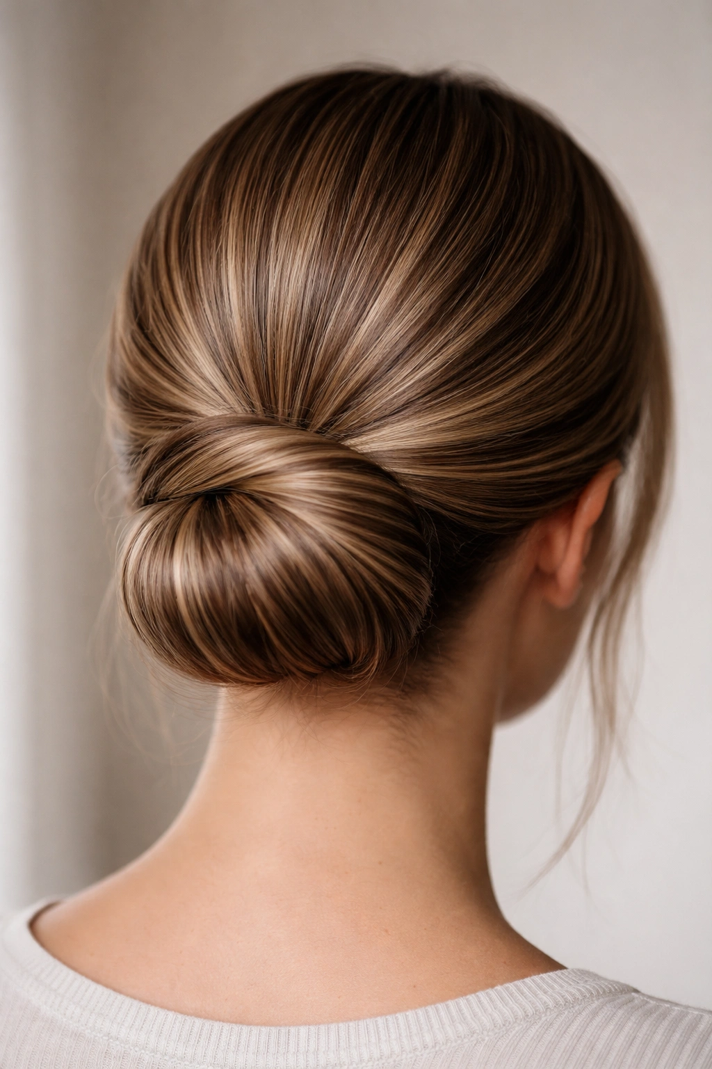 Close-up of twisted wrap low bun on straight hair with textured twists and pins