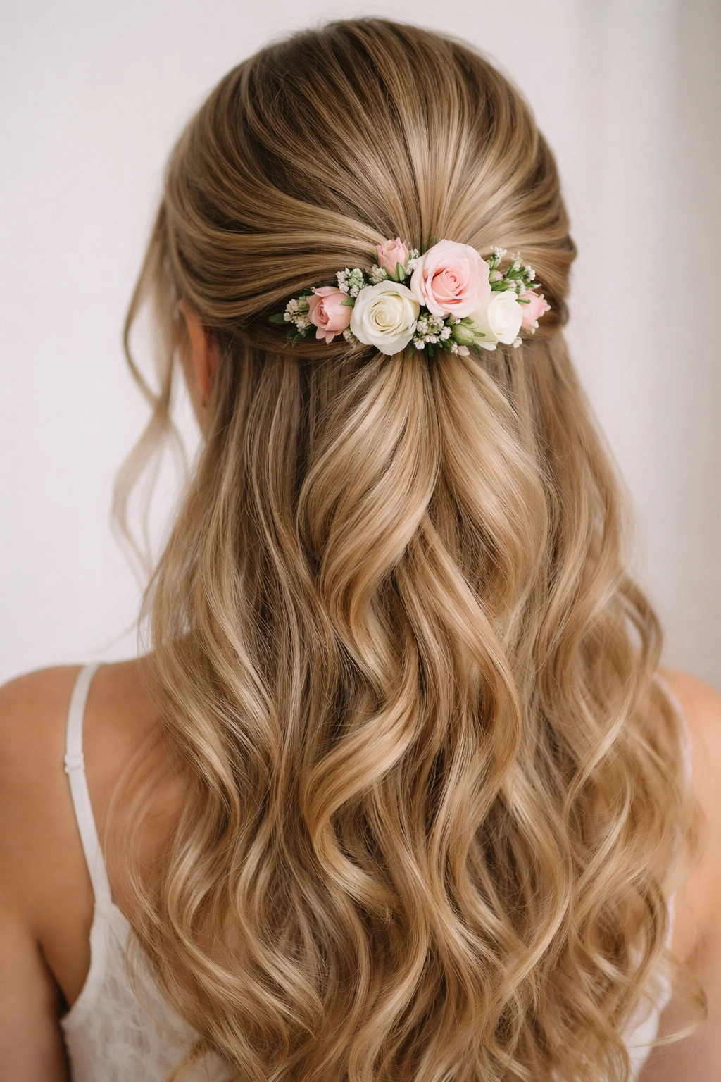 Twisted wrap half-up hairstyle with front-facing flowers
