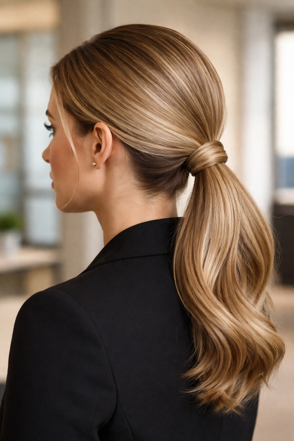Low ponytail with twisted wrap detail in a polished office portrait