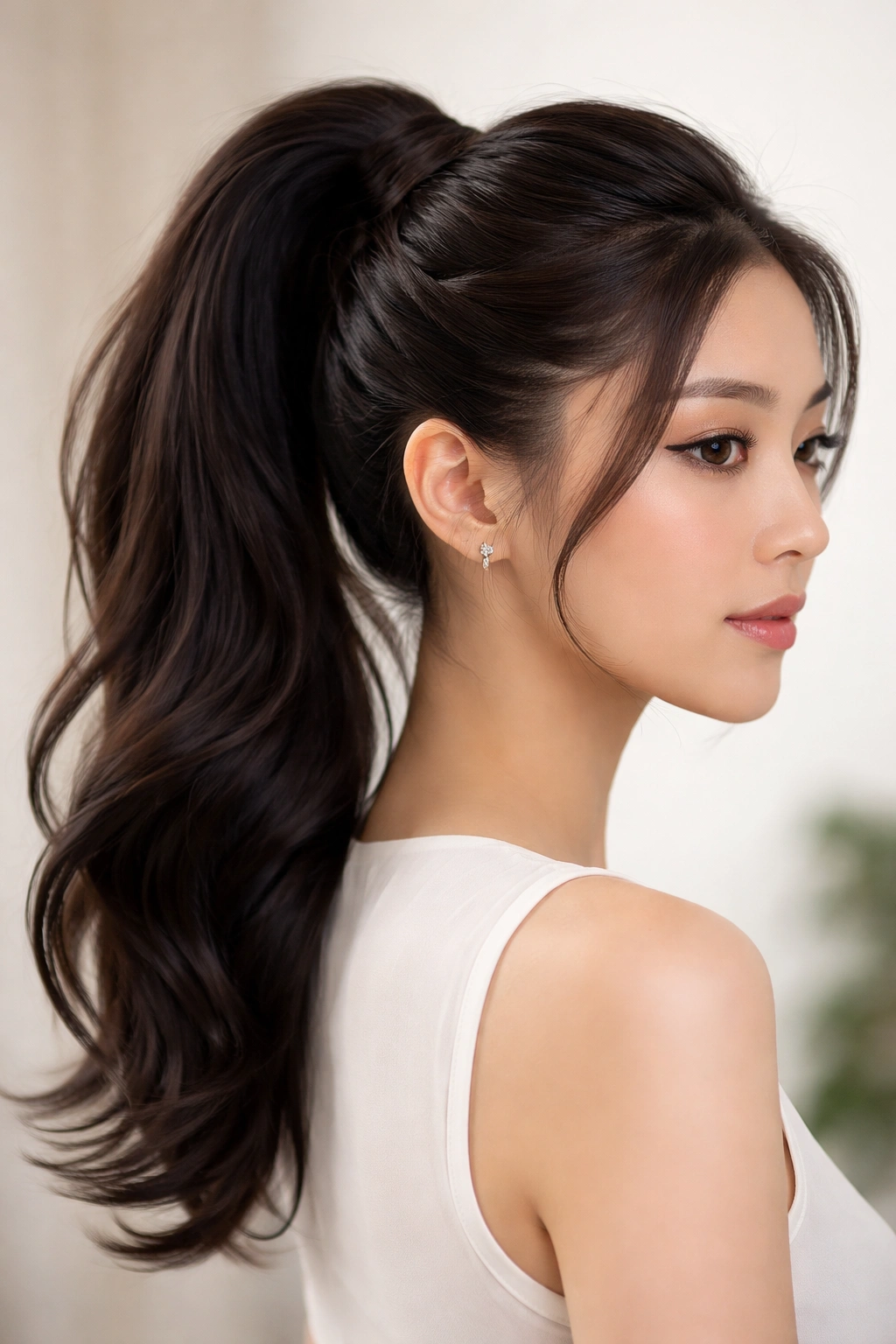 Two twisted sections wrap around crown into a high ponytail.