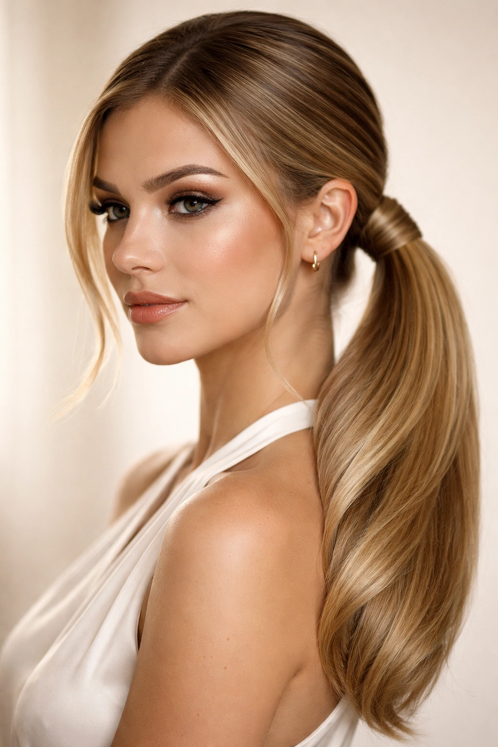 Close-up of a twisted wrap around the base of a side ponytail concealing the elastic.