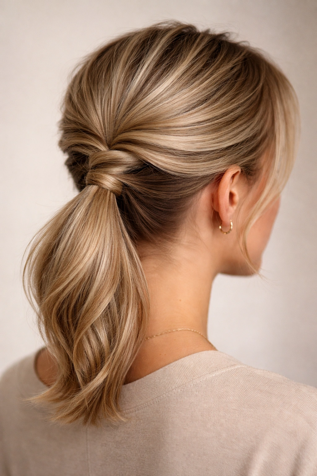 Close-up of a twisted wrap around a short ponytail highlighting crown twist and texture