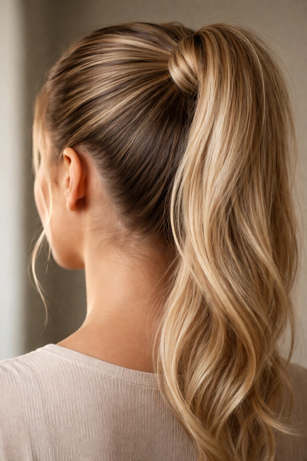 High ponytail with a twisted wrap around the base and concealed anchors