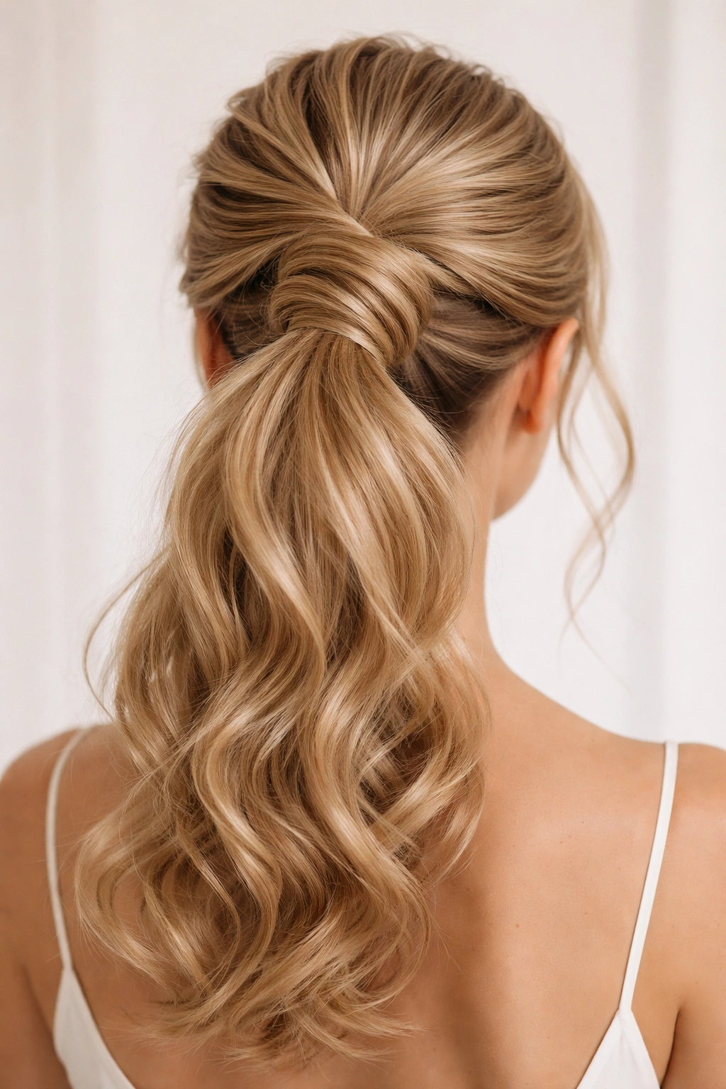 High ponytail with twisted wrap sections around the base