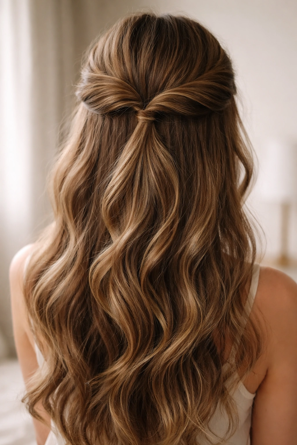 Close-up of classic twisted half up hairstyle with two loose temple twists meeting at the crown