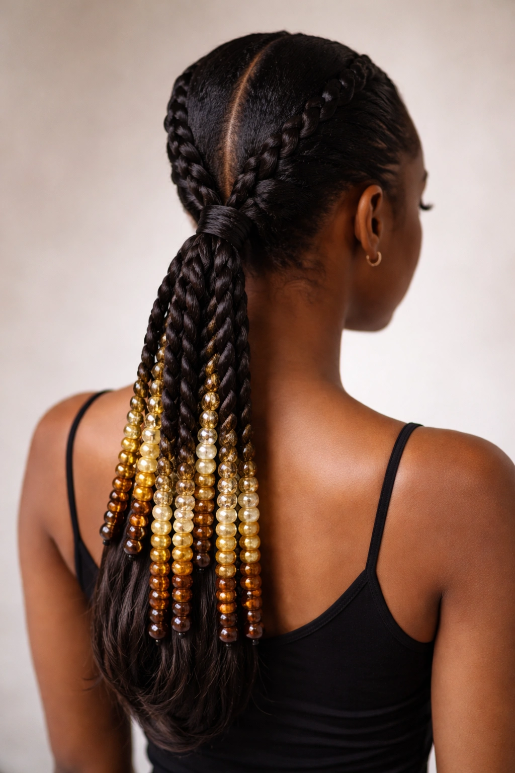 Twisted ponytail with ombré beads along twists