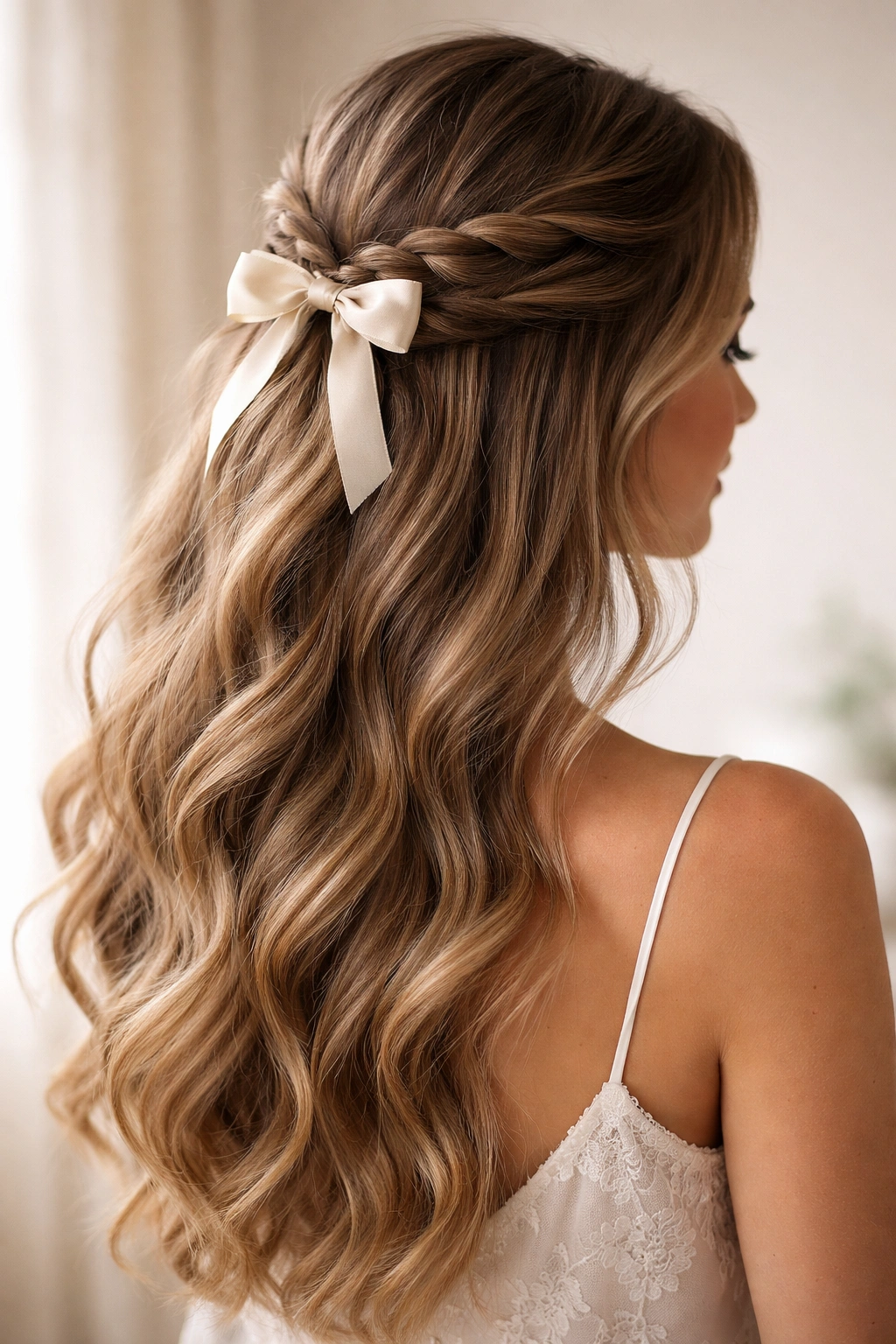 Long hair with crown twists and decorative bow in half-up style