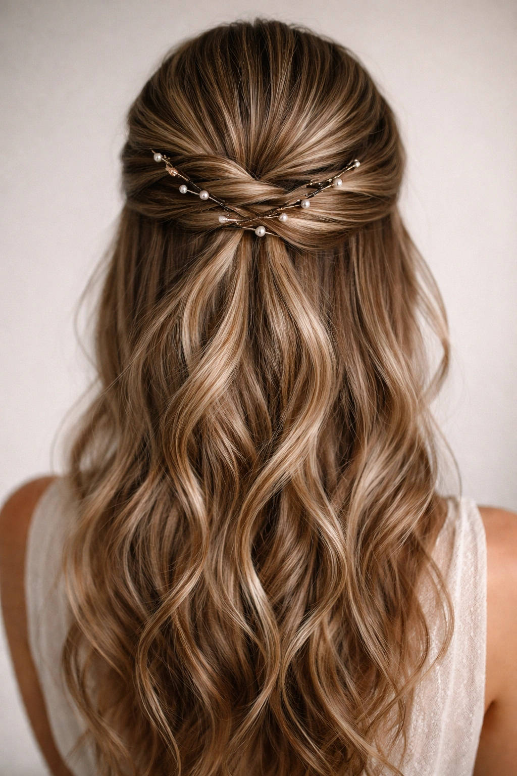 Double twisted half-up hair with mixed metal pins